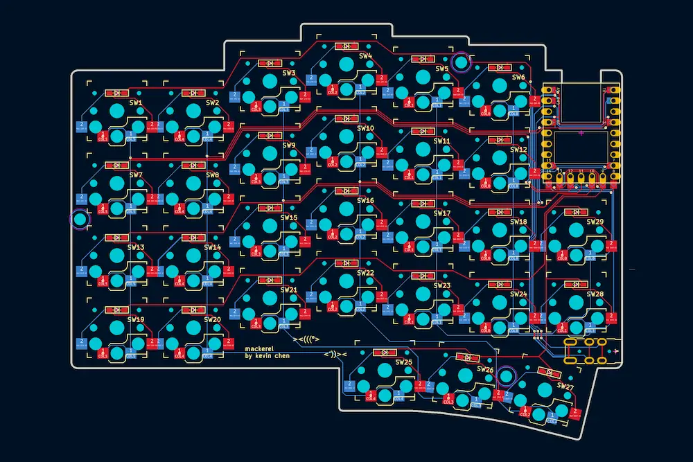 KiCad PCB layout of the 'mackerel' split keyboard half