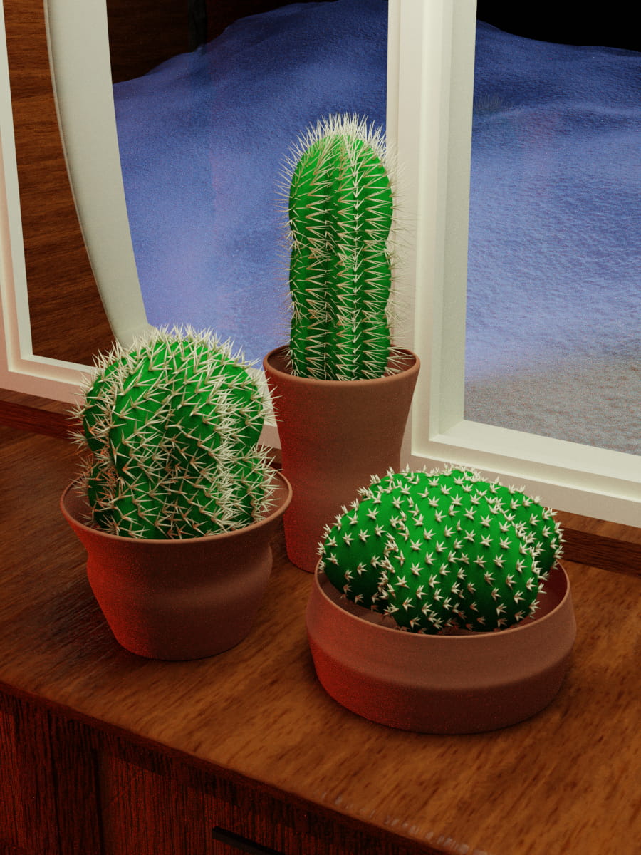Computer generated image of three cactus plants on a windowsill.