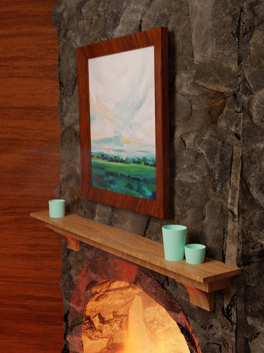 Computer generated image of the top half of a stone fireplace, a wooden mantel with three light blue cups, and a picture frame with a landscape painting.