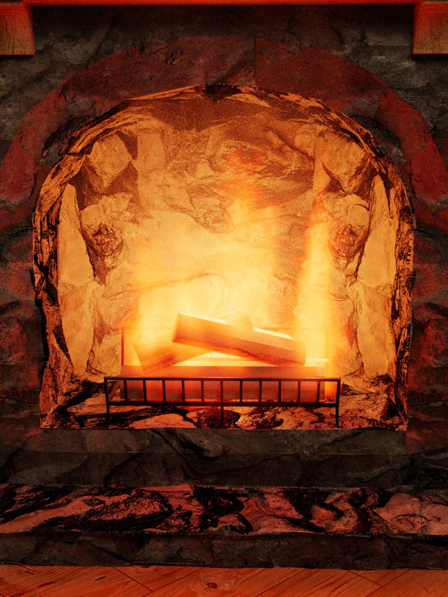 Computer generated image of a close-up of a stone fireplace. Three logs sit atop a holder and a bright orange frame fills the chamber.