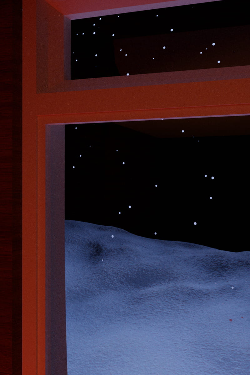 Computer generated image of a close=up of a window frame. Outside the ground is blanketed with snow and snowflakes are seen falling.