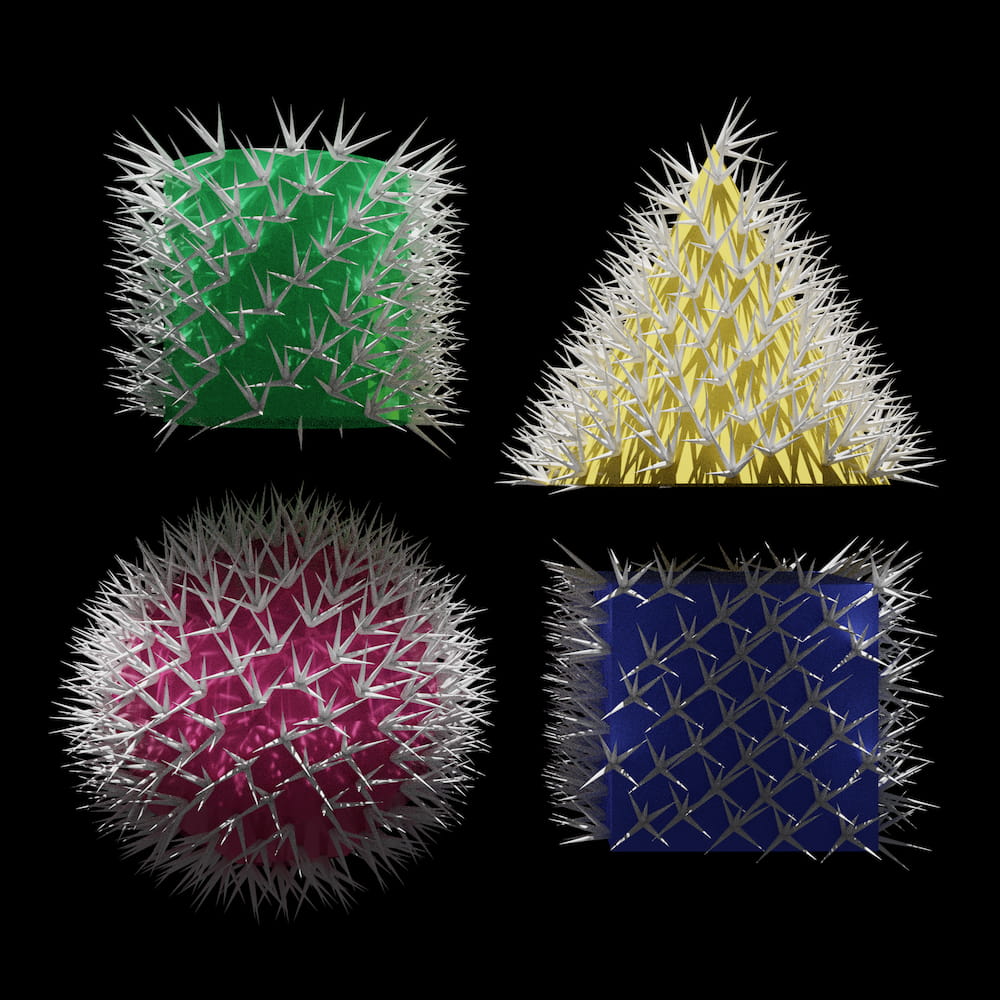 Computer generated image of four Blender primitives, a cylinder, a cone, a sphere, and a cube. They are arranged in a 2 by 2 grid and are covered with white spikes.