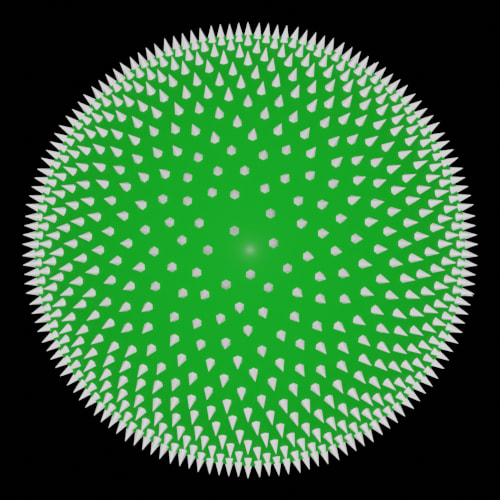 Computer generated image of a sphere dotted with spikes in a pattern similar to spiral patterns found in nature.