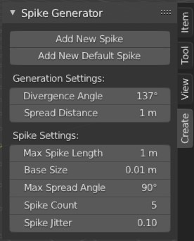 Screenshot of a Blender menu for the SpikeGen add-on. The menu says 'SpikeGen Generator'.